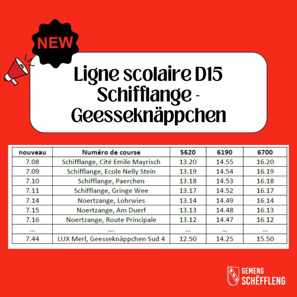 Nouvelle ligne de bus scolaire D15 Schifflange / Geesseknäppchen