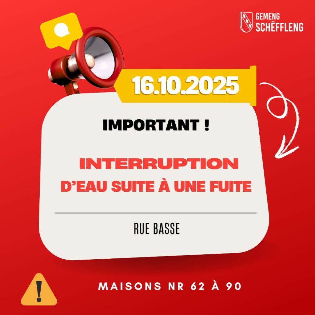 Rue Basse – Coupure d’eau jusqu’à 18 heures (réparation fuite)
