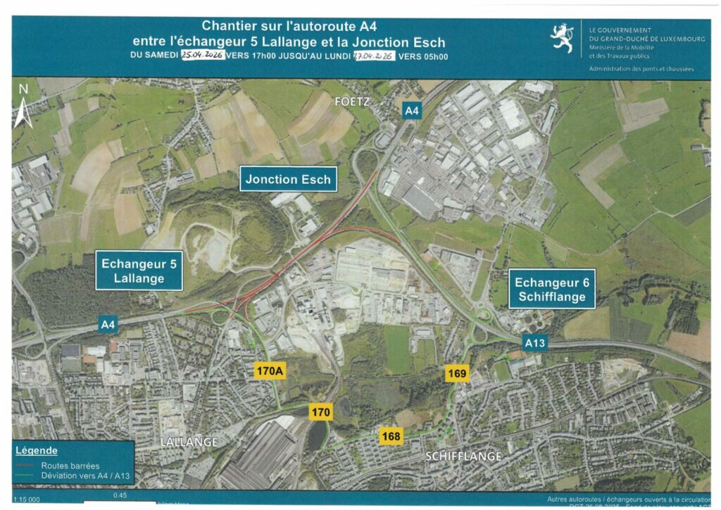 Chantier – A4 an Direktioun Stad tëscht dem Echangeur Lalleng an der Jonctioun Esch